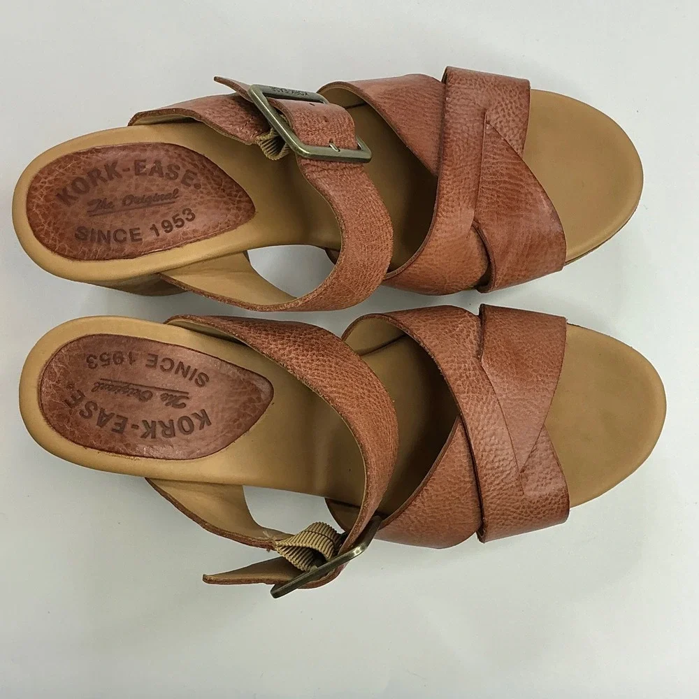 Kork-Ease Brown Leather Platform Sandal Women Size 9M Block Heel Slide K70428